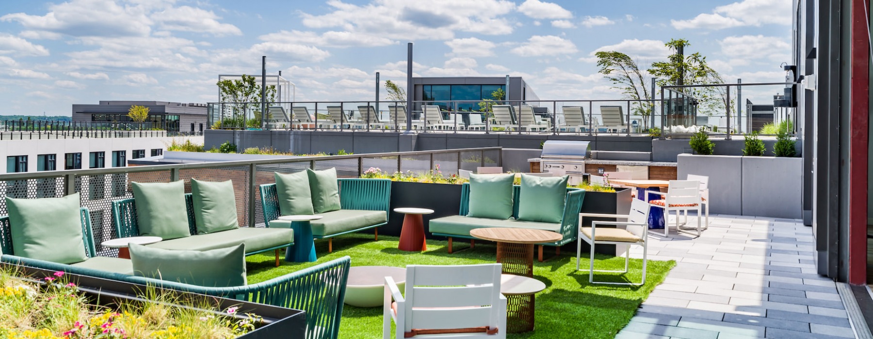 rooftop lounge with comfortable vibrant seating 